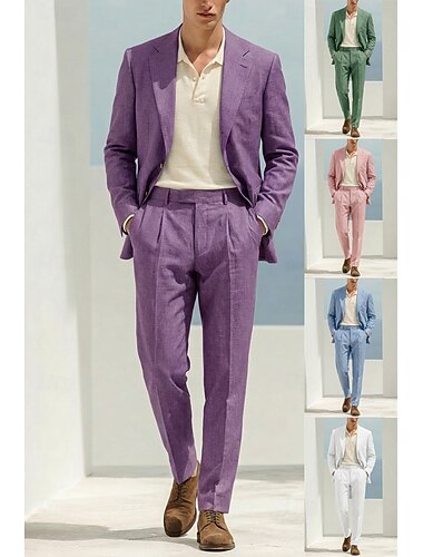  Herren Smokings Leinenanzüge Frühlingshochzeit Lässig Weiß Rosa Frühling & Sommer Anzug Gekerbtes Revers Mode Party Einfarbig Figurbetonter Schnitt 2-teilig Einreihige Zwei-Knopf-Jacke