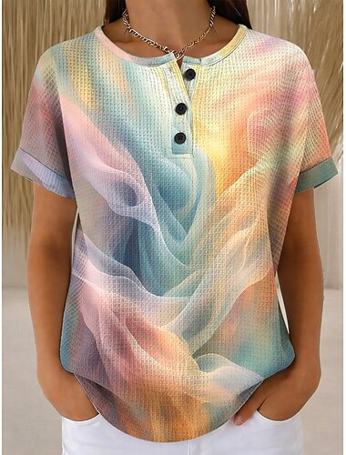 T Shirt Waffle Feminina com Estampa Gráfica Geométrica Abstrata Vintage Estilosa Clássica de Manga Curta Gola Careca Tops Regulares Diários Azul Amarelo Roxo Laranja Verão Primavera