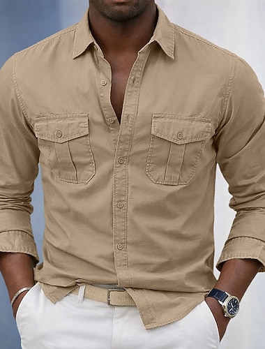  男性用 シャツ カジュアルシャツ ワークシャツ ボタンアップシャツ ブラック ホワイト グリーン カーキ色 アーミーグリーン 長袖 平織り シャツカラー カジュアル 日常 フロントポケット 衣類 エレガント ファッション カジュアル