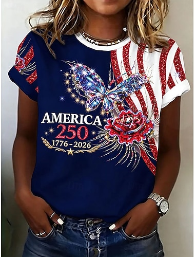  Amerikaanse onafhankelijkheidsdag Dames T-shirt Afdrukken Grafisch Vlag Stijlvol Klassiek Casual Korte mouw Strakke ronde hals Ronde hals Normale tops Dagelijks blauw Rood Rood / blauw Zomer Lente