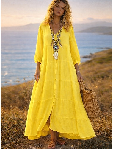  Női Maxi hosszú ruha Maxiruha Műpamut ágynemű Ingruha Nyári ruha Kaftán Szabadság Alap Modern Napi Hétvége Laza öltözet Sima Háromnegyedes V-alakú Medence Fehér Sárga Nyár Tavasz