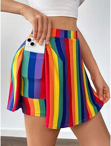  Damen Urlaubsrock Tennissrock Elegant Mode Hawaiianisch Strandbekleidung Knielang Hohe Taille Röcke Grafik Gestreift Unelastisch Täglich Strand Amethyst Rote Grün Sommer 95 % Polyester, 5 % Elastan