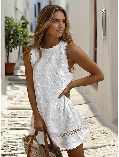  Weißes Blumenspitzenkleid für Damen, ärmellos, Rüschenbesatz, knielang, lässig, Sommer, Gartenparty, halbformell, atmungsaktiver Stoff, verschiedene Größen
