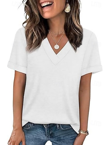  Dame T skjorte T-skjorter Helfarge Stilfull Fritid Kortermet V-hals Lange topper Daglig Ut på byen Svart Hvit Vin Navyblå Mørkegrønn Sommer Vår