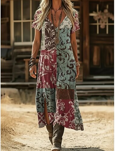  Dámské Maxi šaty Boho šaty Volnočasové šaty Áčkové šaty Šaty s potiskem Módní Moderní Venkovní Dovolená Víkend Volný Květinový Grafika Krátký rukáv Do V Námořnická modř Fialová Trávová zelená Léto