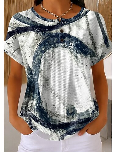  Maglietta Waffle da donna maglie a maglia testurizzata color block grafica geometrica piante elegante classica manica corta girocollo standard casual fine settimana bianco e nero bianco verde chiaro