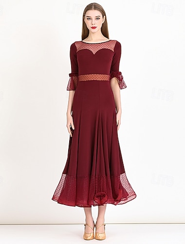  Ballroom-dans Kjole Ren Farge Tvinning Dame Fest Trening Ytelse 3/4 ermer Krystall Bomull Netting