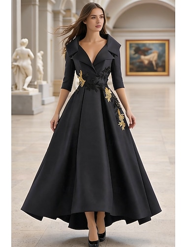  A-الخط طول الأرض فستان رسمي فساتين السهرة أنيق كم طويل V رقبة مهرجان رسمي جيبة ساتان مع حصى زينة