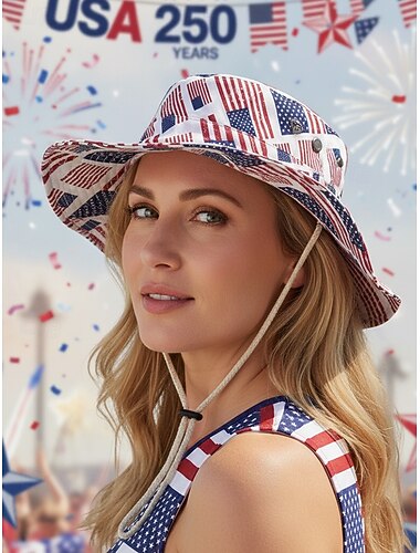  Dameshoed van bedrukt polyester, bestaande uit een western cowboyhoed en een bucket hat in één, verkrijgbaar in verschillende stijlen, met een patriottisch ontwerp met de Amerikaanse vlag. Perfect voor de viering van het 250-jarig bestaan van de VS, Onafh