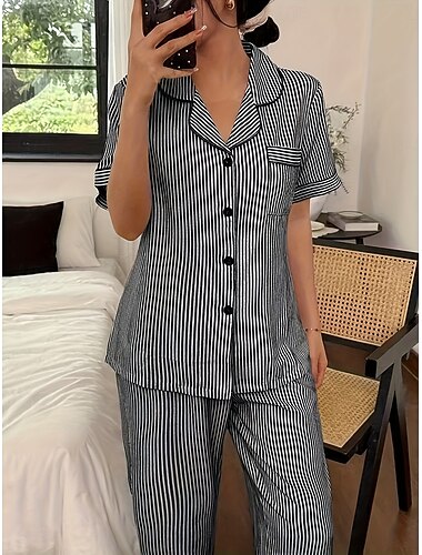  Dame lounge Pyjamas Sett Mote Enkel Fritid Stripe Elastisk midje Knapper Bukse Hjem Feriereise Kortermet Skjortekrage Svart Vår Høst Normal