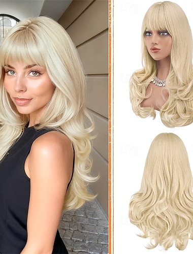  Peruca loira com franja, corte longo ondulado em camadas, aparência natural, cabelo sintético volumoso e resistente ao calor, ideal para mulheres, para uso diário ou festas, 60 cm (24 polegadas).