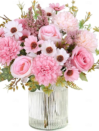  umělé květiny jako skutečné umělé kytice 2/4 balení hedvábných umělých růží kytice se sedmikráskami, chryzantémami a růžovými květy na valentýnský stůl, dekoraci stolu na svatbu, hostinu a večírek