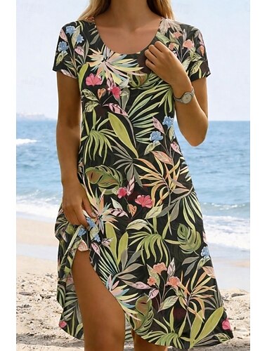  Damen Minikleid Sommerkleid T-Shirt-Kleid A Linie Kleid Urlaub Lässig Outdoor Strand Ausgehen Normale Passform Blumen Grafik Tropisch Kurzarm Rundhalsausschnitt weiß Blau Dunkelgrün Schwarz-Weiß