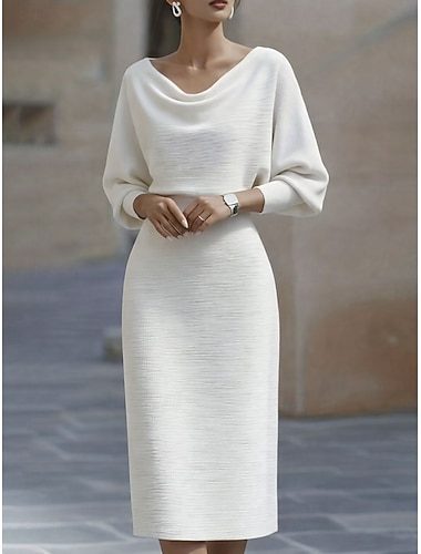  Damen Midikleid Figurbetontes Kleid Halbformelle Kleider Büro Normale Passform Einfach Dreiviertelarm U-Boot-Ausschnitt Schwarz Weiß Marineblau Grau Sommer Frühling Herbst