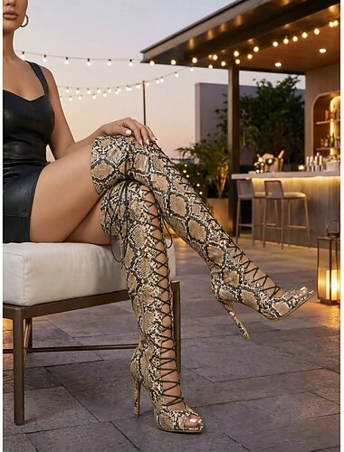  γυναικείες μπότες με στάμπα φιδιού και κορδόνια μέχρι τους μηρούς - γόβες στιλέτο για πάρτι νυχτερινής ζωής