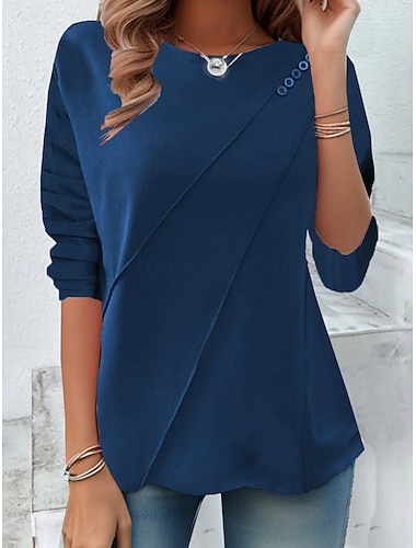  T-shirt da donna maniche lunghe a tinta unita elegante casual maniche lunghe collo rotondo top regolari stampa quotidiana bottoni nera gialla rossa blu primavera prefall