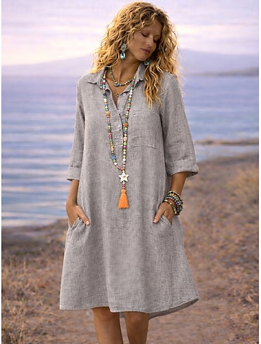  Damen Minikleid Kunstbaumwollleinen Hemdblusenkleid Klassisch Täglich Ferien Ausgehen Normale Passform Einfach Dreiviertelarm Hemdkragen Schwarz Grün Khaki Grau Sommer