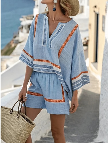  Damen Shorts-Sets Kunstbaumwollleinen Dreiviertelarm V Ausschnitt Gestreift Elegant Mode Streetwear Lässig Täglich Outdoor Blau Marineblau Himmelblau Frühling & Sommer Normale Passform