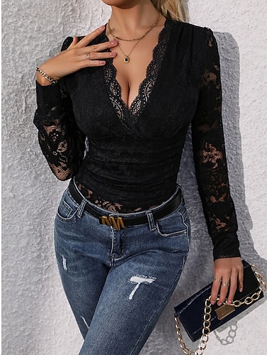  Damen Normal Bodysuit Streetwear Einfarbig Langarm V Ausschnitt Spitze Patchwork Club Party Schlank Schwarz Sommer