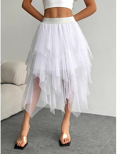  Damen Urlaubsrock Elegant Mode Niedlich Lässig Midi Mittlere Hüfthöhe Röcke Einfach Elastischer Bund Geschichtet Netz Mikroelastisch Täglich Urlaub Schwarz Weiß Champagner Rosa Sommer Polyester