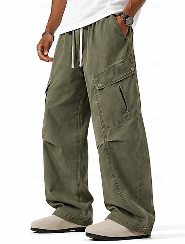  Herren Cargo-Hosen Freizeithose 100% Baumwolle Acid-Wash-Hosen Kordelzug Elastischer Bund Weites Bein Einfach Komfort Atmungsaktiv Volle Länge Lässig Täglich Outdoor Mode Retro Vintage Schwarz Grün