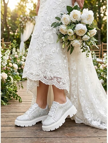  Zapatillas blancas con purpurina gruesa para mujer: zapatos de boda cómodos para novias de jardín, ceremonias al aire libre, informales &calzado de novia con estilo