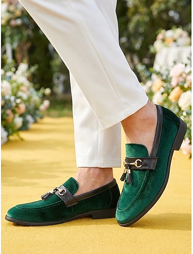  grønne herreloafers – sko til bryllup og formelle anledninger, stilige slip-on-sko i imitert skinn, komfortable pensko