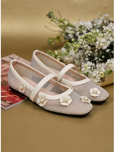  Ballerines élégantes en maille abricot pour femmes - chaussures Mary Jane respirantes ornées d'appliqués de fleurs en perles, idéales pour les croisières et les moments de détente sur un yacht de