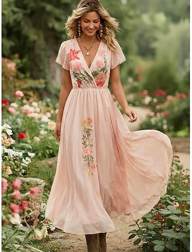  Damen Maxikleid Kleid für Hochzeitsgäste Chiffonkleid Blumenkleid Elegant Mode Modern Outdoor Urlaub Ausgehen Normale Passform Blumen Kurzarm V Ausschnitt Rosa Sommer Frühling