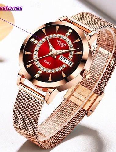  Damenuhr in Roségold mit rotem Farbverlauf-Zifferblatt und Strasssteinen, luxuriöse Quarzuhr mit Datumsanzeige, verstellbarem Milanaise-Armband, elegantes Schmuckstück – das perfekte Geschenk für