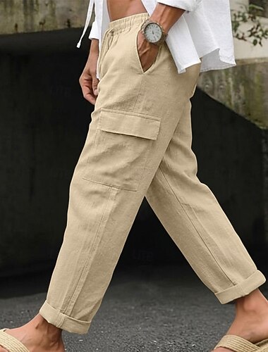  Herren Cargo-Hosen Leinenhosen Hose Sommerhose Kordelzug Elastischer Bund Gerader Schnitt Einfarbig Einfach Komfort Atmungsaktiv Volle Länge Lässig Täglich Ferien Urlaub Mode Schwarz Weiß Unelastisch