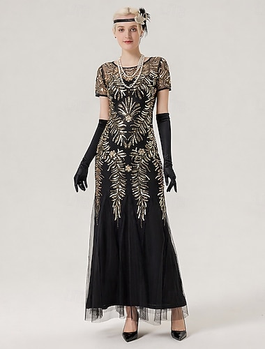  Sett De livlige 20-årene 1920-tallet Ankellengde Lang Lengde Kjoler Aftenkjole Drakter med tilbehør Lue Ermer Den store Gatsby Bryllupsgjest Paljetter Paljetter Øsehals Kostyme Dame Maskerade