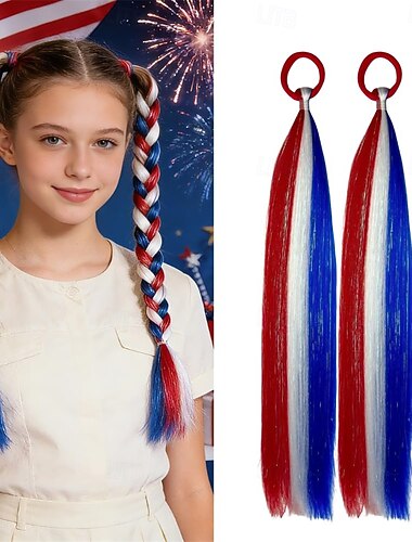  Extensions de cheveux rouges/blanches/bleues, queues de cheval à franges avec élastiques, accessoires pour femmes et filles, couleurs mélangées, style fantaisie, pour le quotidien, les festivals et