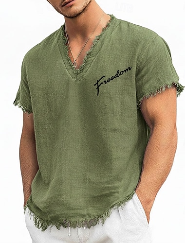  Herre Freedom Script-trykket T-skjorte med lin- og bomullsblanding, V-hals, rå kant, militærgrønn, sommerlig, avslappet strand-T-skjorte, frynsete, myk, motetopp, S-3XL
