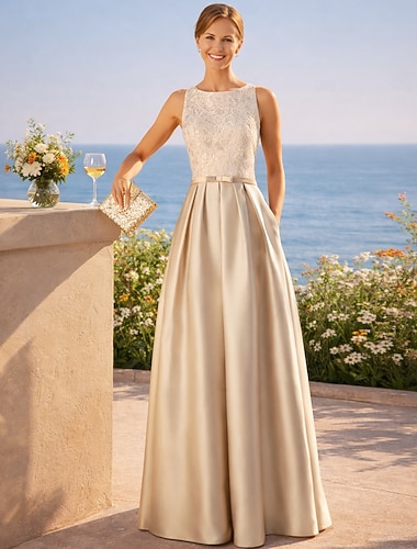  Ligne A Longueur au sol Robe de Soirée Tenue de soirée Élégant Style Empire Sans manches Bijoux Soirée Formelle Invité de mariage d'automne Satin avec Ceinture / Ruban Plis Appliques