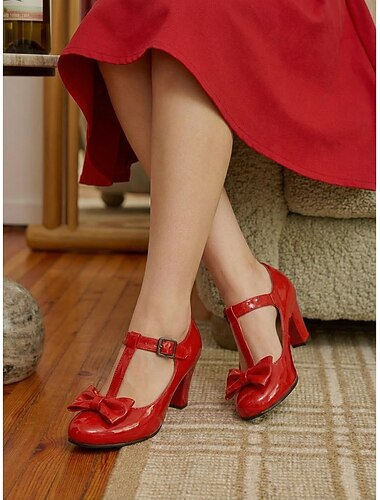  décolleté da donna vintage anni '50 con fiocco rosso - eleganti tacchi a spillo in vernice con decorazioni a fiocco oversize per balli di fine anno retrò, feste rockabilly &eventi serali formali