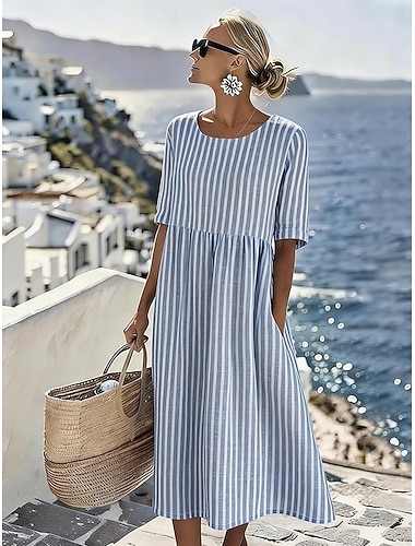  Damen Midikleid Shiftkleid Urlaub Lässig Lässiger Schnitt Grafik Gestreift Kurzarm Rundhalsausschnitt Blau Purpur Braun Grün Sommer Frühling