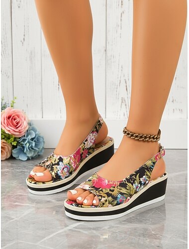  Blå blomstrede kilehælsandaler til kvinder – sommersko med åben tå og plateau til ferie, have, udendørs og hverdagsbrug
