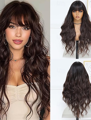  Dunkelbraune Damenperücke, lange, braune, gewellte Perücke mit Pony, 66 cm (26 Zoll), natürlich aussehende, hitzebeständige Kunsthaarperücke für den täglichen Gebrauch und Partys