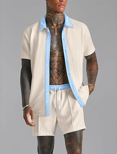  Miesten 2 osainen Paidasetti Kesä setti Ja Aseta Kontrastiväri Kausaliteetti Päivittäin Loma Paitapuserokaula-aukko Lyhythihainen Kesä Muoti Vapaa-aika Mukava Vaatetus