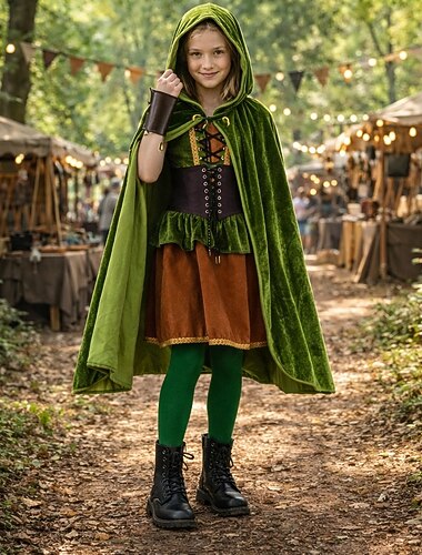  Zestaw Retro / vintage Średniowieczne Renesansowa Sukienka Peleryna Stroje z akcesoriami Elf Ranger Strój na bal maskowy Dla dziewczynek Halloween Karnawał Impreza Bal maskowy Targi Renesansu