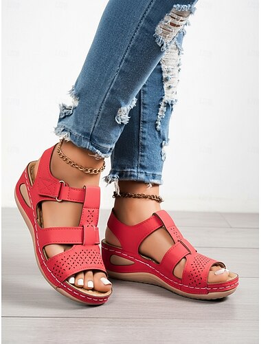  női piros kényelmes szandálok, lélegző, kivágott sétaszandálok állítható pántokkal utazáshoz, nyári hétköznapokra &mindennapi viselet