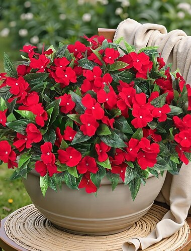  6 Bündel künstliche Impatiens für die Außendekoration, Seidenblumenstrauß, UV-beständige Kunstpflanzen für Frühling, Sommer, Garten, Veranda, Fensterkasten, Balkon, Heimdekoration