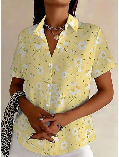  Mujer Camisa Floral Graphic Vintage Tropical Elegante Manga Corta Cuello Camisero Tops regulares Diario Amarillo Verano Primavera