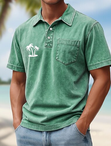  Voor heren Palmboom Acid Wash-shirt 100% Katoen Korte mouw Poloshirt Revers Hawaii Casual Sportkleding Vakantiekleding Zak 3D-afdrukken Knop Lente zomer blauw Bruin Groen