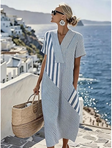  Dame Midikjole Solkjole Uformell kjole Ferie Fritid Strandstil Strand Fest Løstsittende Grafisk Geometrisk Kortermet V-hals Blå Svart Lilla Grønn Sommer Vår