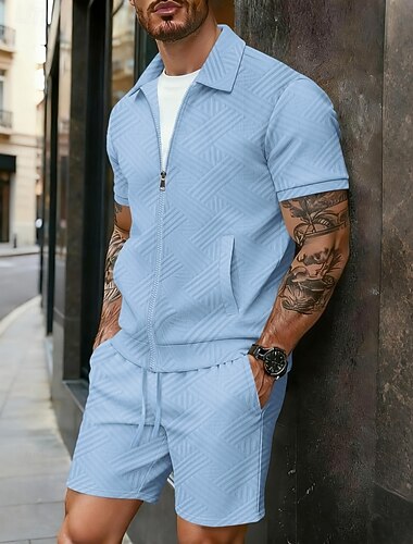  Herren Hemd Set Freizeithemd Jacquard-Hemd Und Set Einfach Lässig Täglich Urlaub Umlegekragen Kurzarm Kurze Hose Sommer Frühling Mode Modern Lässig Bekleidung