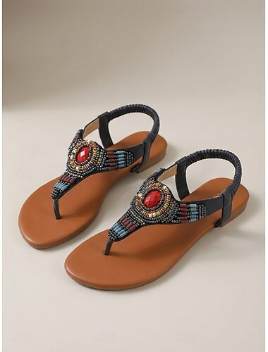  sandali infradito con perline boho da donna - sandali bassi in stile bohémien con cinturino a T tribale etnico e cinturino posteriore elastico per vacanze al mare & estate