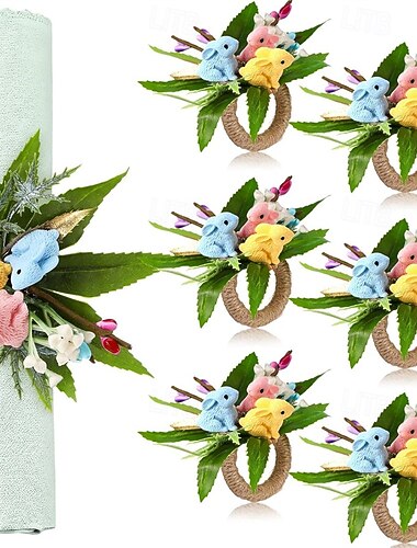  Zestaw 6 wielkanocnych obrączek na serwetki z króliczkiem, wiosenne kwiatowe serwetki z zielonymi liśćmi i 3 małymi króliczkami, rustykalne klamry w stylu jutowym na świąteczną kolację rodzinną,