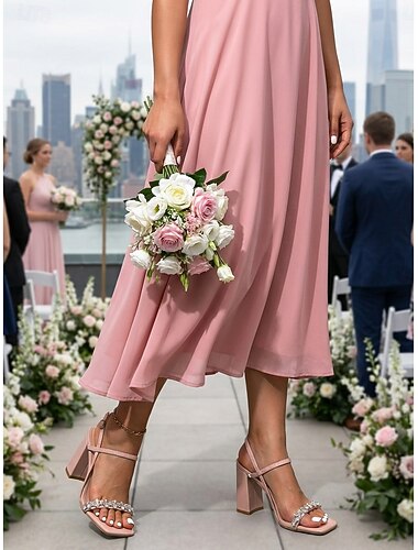  Roze sandalen met blokhak voor dames - bruidsmeisjesschoenen voor stedelijke bruiloften